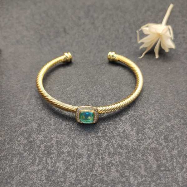 David Yurman Gold Tone 4mm Cable Square Blue Diamond Cuff Bracelet