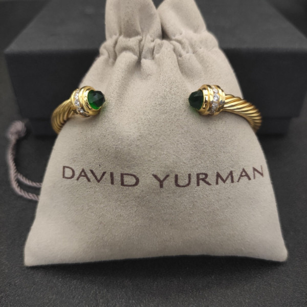 David Yurman 5mm Gold Cable Cuff Bracelet with Diamond-Accented Deep Green Stone