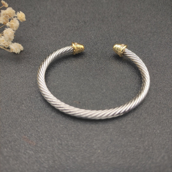 David Yurman 5mm Gold and Silver Cable Cuff Bracelet with Pav&Atilde;&copy;-Set Round End Caps