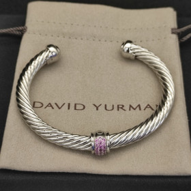 David Yurman 7mm Sterling Silver Cable Cuff Bracelet with Bead End Caps Pink Diamonds