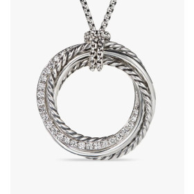 David Yurman 26mm Silver Circle Diamond Accent Sweater Necklace, 1.5mm Chain, Adjustable 90cm Length