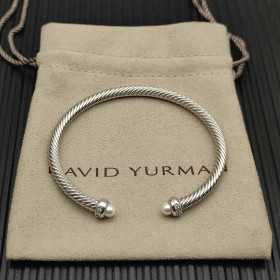 David Yurman 4mm Sterling Silver Pearl Diamond Bangle Bracelet