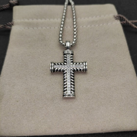 David Yurman Double Twist Cross Pendant Necklace with Black Diamonds, 3mm Chain, Length 50+5cm / 60+5cm
