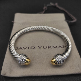 David Yurman 7mm Gold and Silver Cable Cuff Bracelet with Pav&Atilde;&copy;-Set Round End Caps