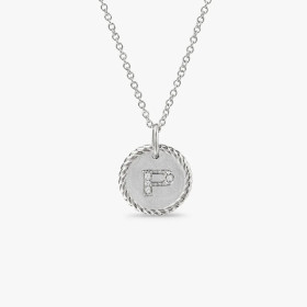 David Yurman Silver Diamond Letter P Round Pendant Necklace, Length 42cm + 3cm + 3cm