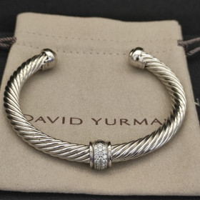 David Yurman 7mm Sterling Silver Cable Cuff Bracelet with Bead End Caps White Diamonds