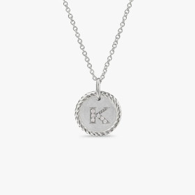 David Yurman Silver Diamond Letter K Round Pendant Necklace, Length 42cm + 3cm + 3cm
