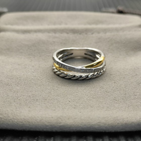 David Yurman Silver and Gold Pav&Atilde;&copy; Twisted Cable Cylinder Ring