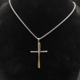 David Yurman Silver and Gold Cross Pendant Necklace with Cable Bar Details