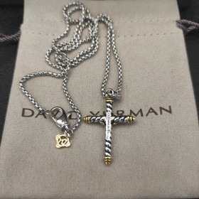 David Yurman Gold and Silver Cross Pendant Necklace with Cable Details