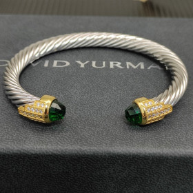David Yurman 7mm Gold-Tone End Caps Sterling Silver Cable Cuff Bracelet Light Green Diamonds