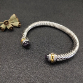 David Yurman 7mm Gold and Silver Double Diamond Station Purple Diamond Cuff Bracelet