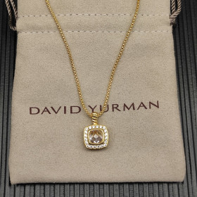 David Yurman Gold Square White Diamond Pendant Necklace, 1.5mm Chain, Length 45cm + 5cm