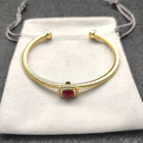 David Yurman Gold Tone 4mm Cable Square Red Diamond Cuff Bracelet