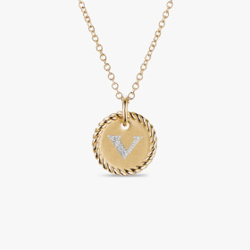 David Yurman Gold Diamond Initial V Disc Pendant Necklace