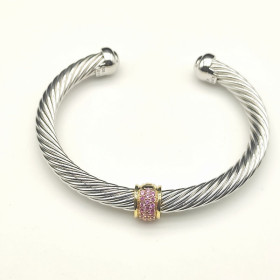 David Yurman 7mm Sterling Silver Cable Cuff Bracelet with Gold Bead End Caps Pink Diamonds