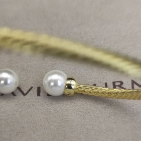 David Yurman Women's Solari Cablespira Cuff Bracelet 18K Yellow Gold with Pearls and Diamonds 3mm